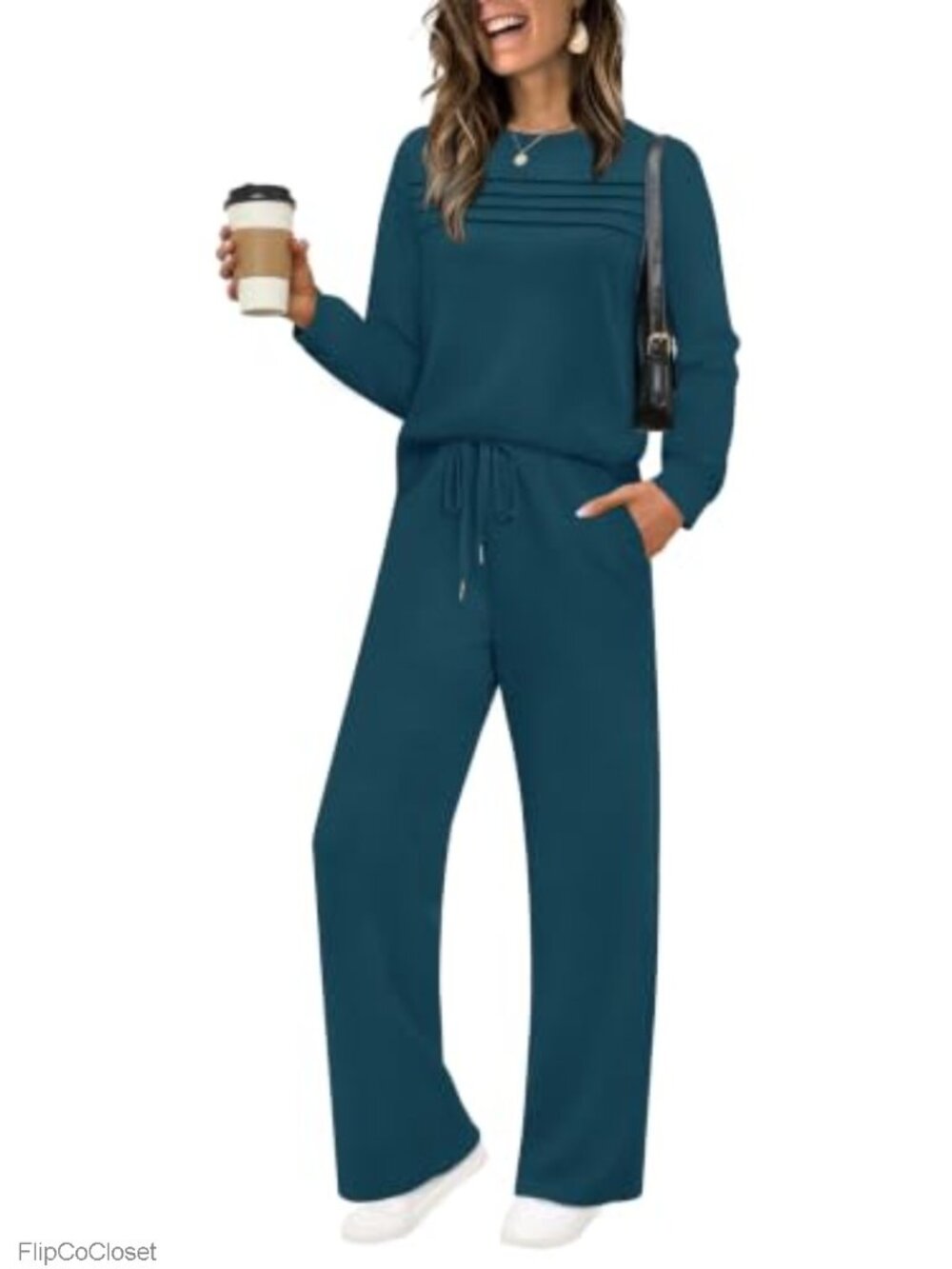 Women's 2 Piece Sweatsuit Set Crewneck Pleated Top Wide Leg Pants